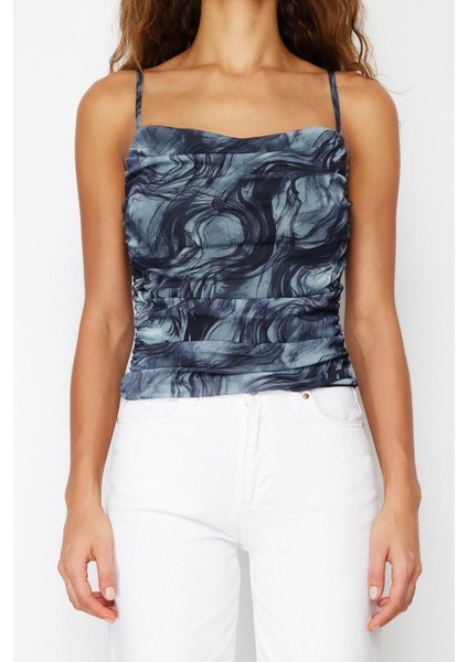 Moda Degaje Yaka Örme Slim Soyut Desen Casual Günlük Crop Askılı Kol Bluz modelleri