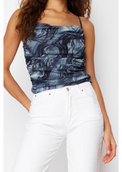 Moda Degaje Yaka Örme Slim Soyut Desen Casual Günlük Crop Askılı Kol Bluz fırsatları