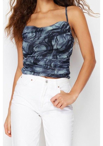 Moda Degaje Yaka Örme Slim Soyut Desen Casual Günlük Crop Askılı Kol Bluz indirimleri