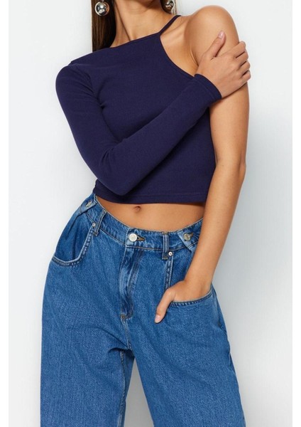Moda Bisiklet Yaka Örme Slim Düz Desen Casual Günlük Crop Uzun Kol Bluz fırsatları