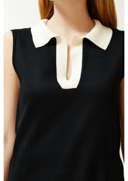 Moda Polo Yaka Triko Regular Renk Bloklu Desen Casual Günlük Regular Kolsuz Bluz indirimleri