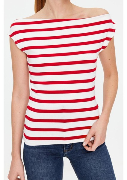 Moda Kayık Yaka Örme Slim Geometrik Desen Casual Günlük Regular Kısa Kol Bluz
