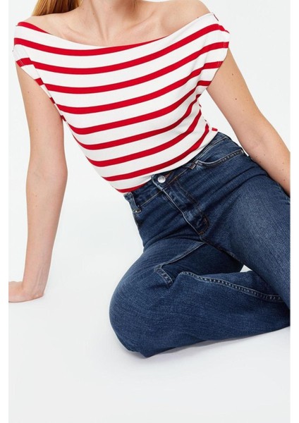 Moda Kayık Yaka Örme Slim Geometrik Desen Casual Günlük Regular Kısa Kol Bluz modelleri