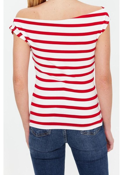 Moda Kayık Yaka Örme Slim Geometrik Desen Casual Günlük Regular Kısa Kol Bluz indirimleri