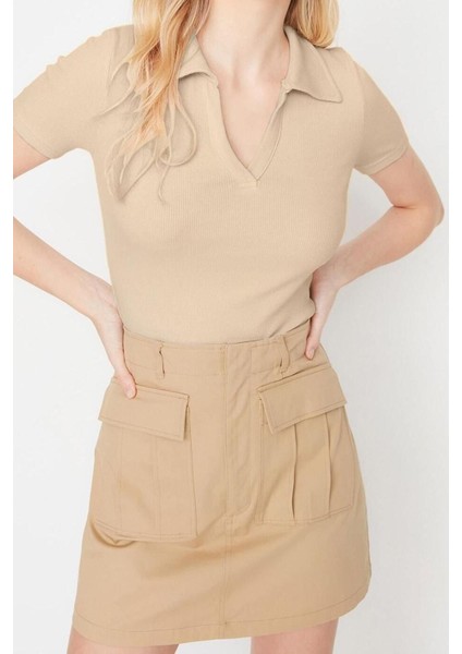 Moda Polo Yaka Örme Slim Slogan Desen Casual Günlük Crop Kısa Kol Bluz