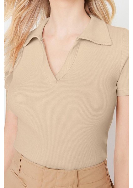 Moda Polo Yaka Örme Slim Slogan Desen Casual Günlük Crop Kısa Kol Bluz fiyatları