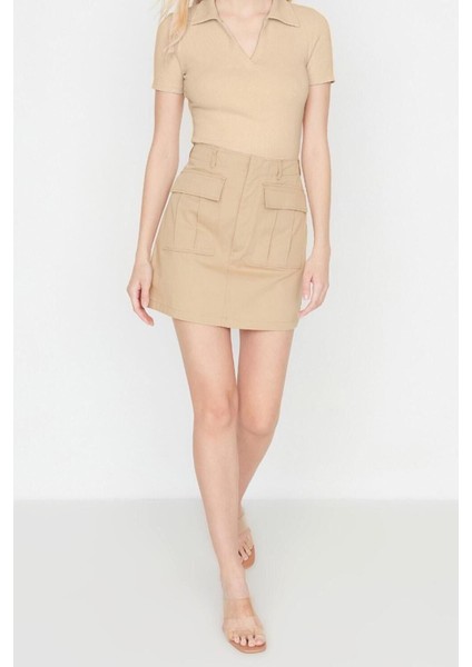 Moda Polo Yaka Örme Slim Slogan Desen Casual Günlük Crop Kısa Kol Bluz modelleri