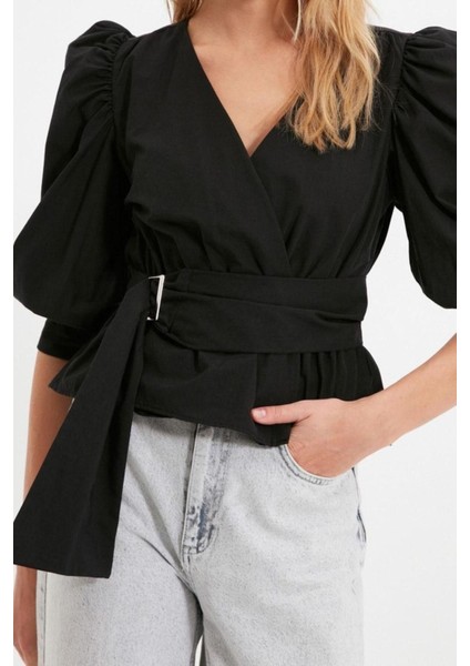 Moda Kruvaze Dokuma Regular Düz Desen Casual Günlük Regular Uzun Kol Bluz