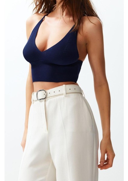 Moda V Yaka Triko Slim Düz Desen Casual Günlük Super Crop Askılı Kol Bluz modelleri