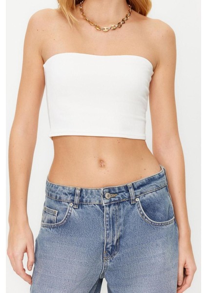 Moda Straplez Örme Slim Düz Desen Casual Günlük Crop Kolsuz Bluz
