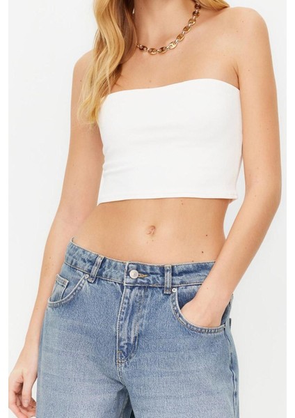 Moda Straplez Örme Slim Düz Desen Casual Günlük Crop Kolsuz Bluz