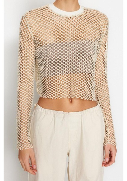 Moda Bisiklet Yaka Örme Regular Düz Desen Casual Günlük Crop Uzun Kol Bluz