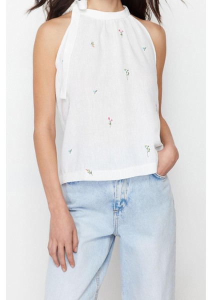 Moda Boyundan Bağlamalı Dokuma Regular Çiçekli Desen Casual Günlük Regular Kolsuz Bluz