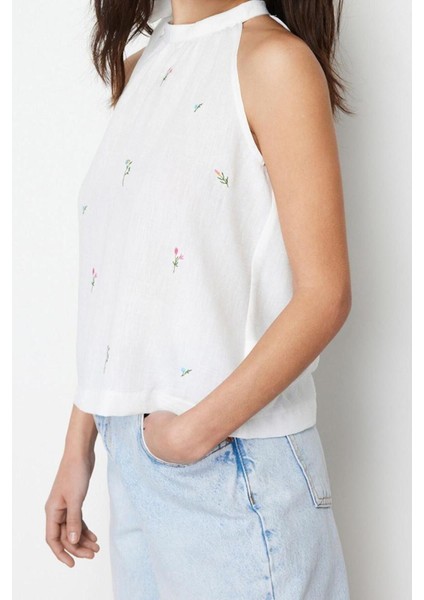 Moda Boyundan Bağlamalı Dokuma Regular Çiçekli Desen Casual Günlük Regular Kolsuz Bluz