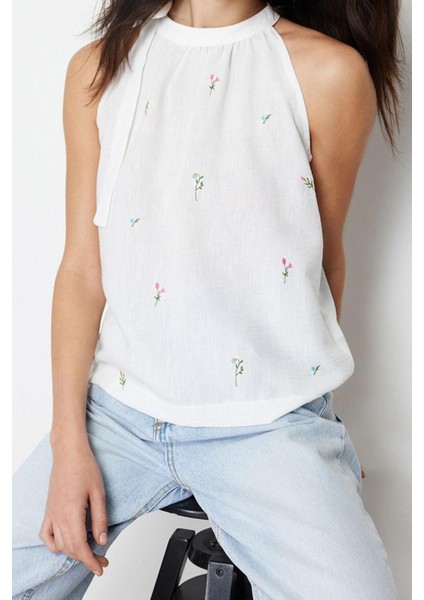 Moda Boyundan Bağlamalı Dokuma Regular Çiçekli Desen Casual Günlük Regular Kolsuz Bluz
