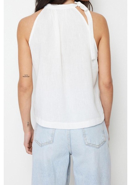 Moda Boyundan Bağlamalı Dokuma Regular Çiçekli Desen Casual Günlük Regular Kolsuz Bluz