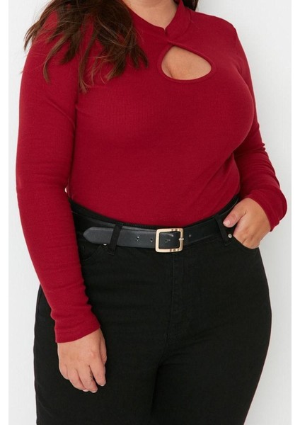 Moda Büyük Beden Dik Yaka Örme Fit Düz Desen Casual Günlük Crop Uzun Kol Bluz