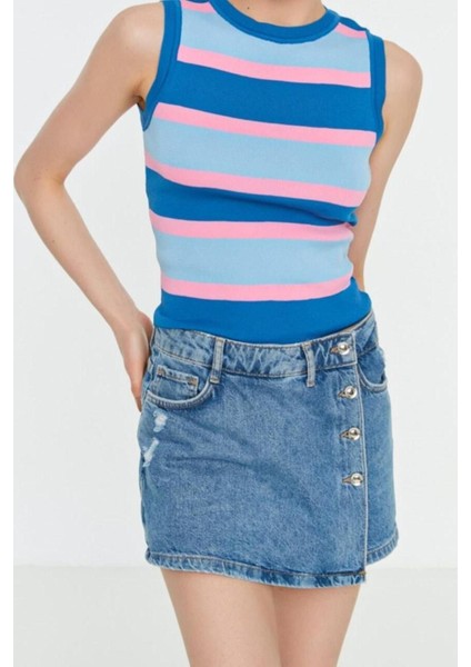 Moda Bisiklet Yaka Triko Slim Çizgili Desen Casual Günlük Crop Kolsuz Bluz fiyatları