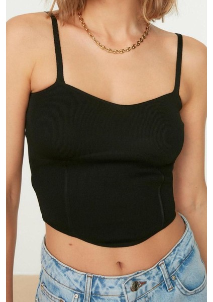 Moda Kalp Yaka Triko Slim Düz Desen Casual Günlük Super Crop Askılı Kol Bluz