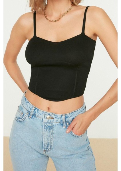 Moda Kalp Yaka Triko Slim Düz Desen Casual Günlük Super Crop Askılı Kol Bluz