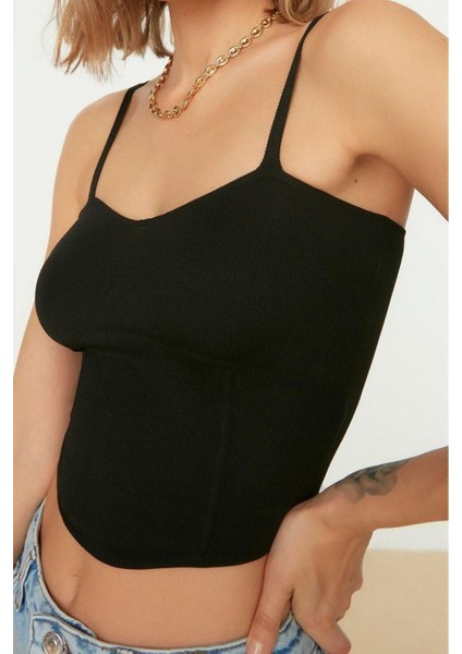 Moda Kalp Yaka Triko Slim Düz Desen Casual Günlük Super Crop Askılı Kol Bluz