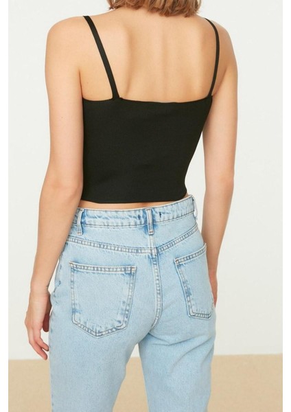 Moda Kalp Yaka Triko Slim Düz Desen Casual Günlük Super Crop Askılı Kol Bluz