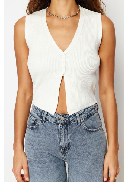 Moda V Yaka Triko Slim Düz Desen Casual Günlük Crop Kolsuz Bluz