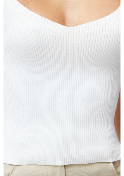 Moda V Yaka Triko Fit Düz Desen Casual Günlük Crop Askılı Kol Bluz indirimleri