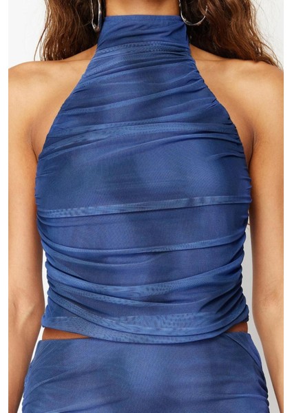 Moda Halter Yaka Örme Slim Degrade Desen Casual Günlük Crop Kolsuz Bluz