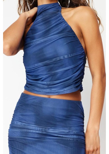 Moda Halter Yaka Örme Slim Degrade Desen Casual Günlük Crop Kolsuz Bluz fiyatları