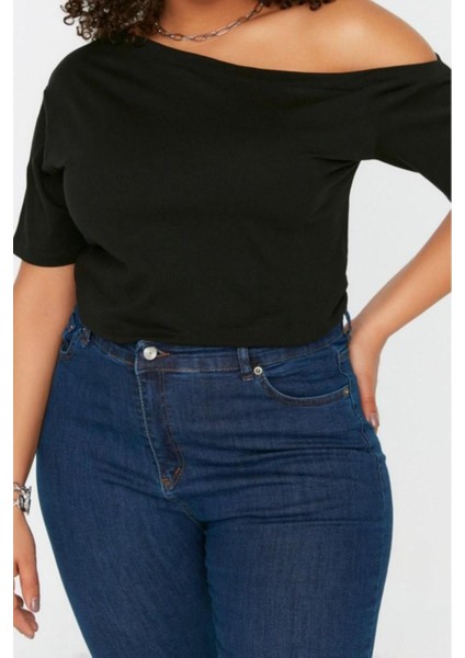 Moda Büyük Beden Devrik Yaka Örme Regular Düz Desen Casual Günlük Crop Kısa Kol Bluz
