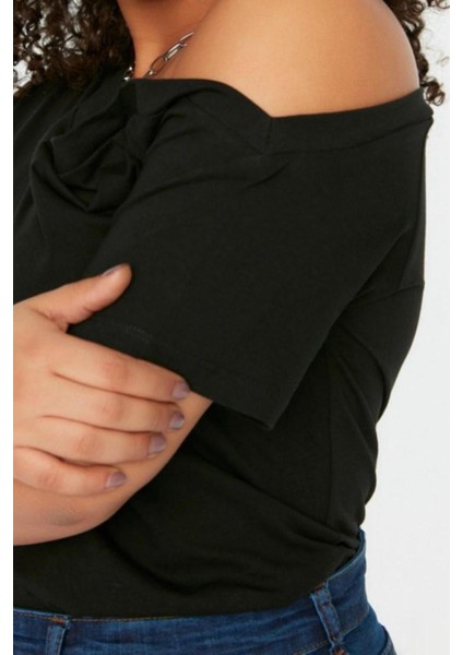 Moda Büyük Beden Devrik Yaka Örme Regular Düz Desen Casual Günlük Crop Kısa Kol Bluz fırsatları