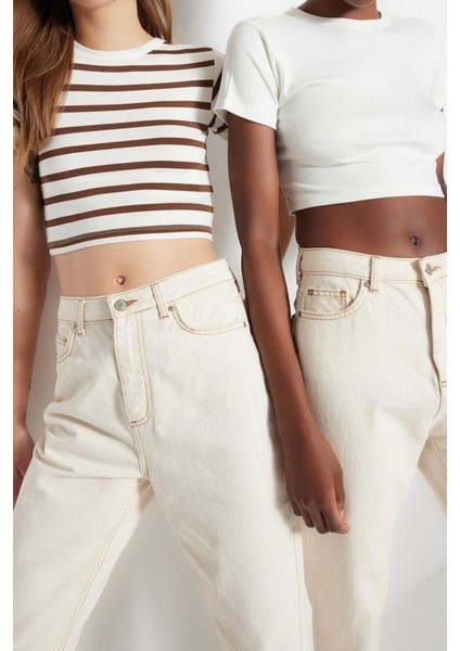 Moda Bisiklet Yaka Örme Slim Çizgili Desen Casual Günlük Crop Kısa Kol Bluz modelleri