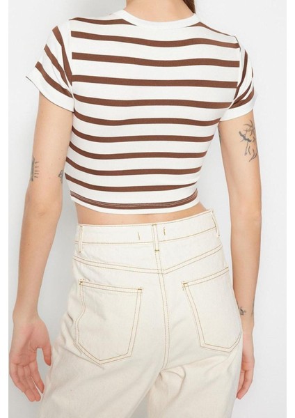 Moda Bisiklet Yaka Örme Slim Çizgili Desen Casual Günlük Crop Kısa Kol Bluz fırsatları