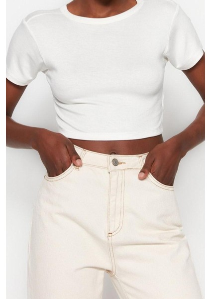 Moda Bisiklet Yaka Örme Slim Çizgili Desen Casual Günlük Crop Kısa Kol Bluz indirimleri