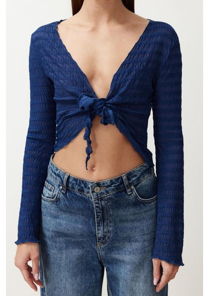 Moda V Yaka Örme Regular Düz Desen Casual Günlük Regular Uzun Kol Bluz