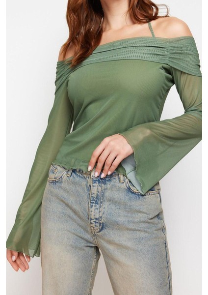 Moda Carmen Yaka Örme Regular Düz Desen Casual Günlük Crop Uzun Kol Bluz modelleri