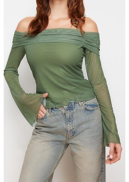 Moda Carmen Yaka Örme Regular Düz Desen Casual Günlük Crop Uzun Kol Bluz fırsatları