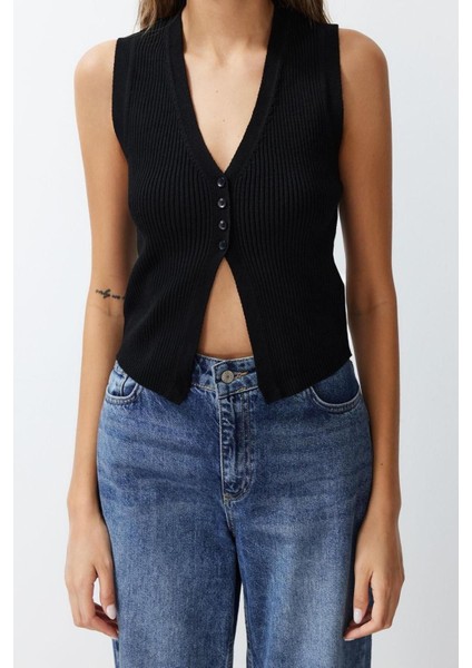 Moda V Yaka Triko Slim Düz Desen Casual Günlük Crop Kolsuz Bluz