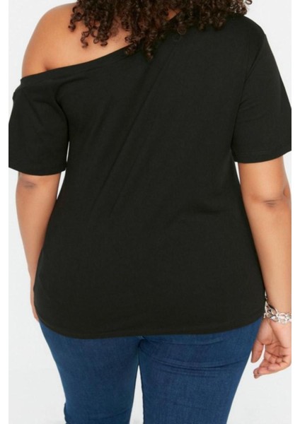 Moda Büyük Beden Devrik Yaka Örme Regular Düz Desen Casual Günlük Crop Kısa Kol Bluz indirimleri