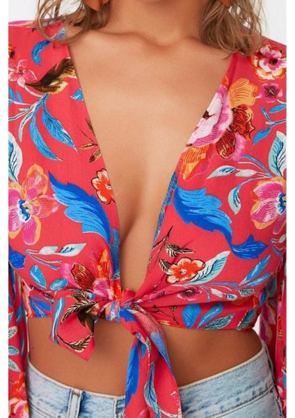 Moda V Yaka Dokuma Fit Düz Desen Plaj Crop Truvakar Kol Kol Bluz