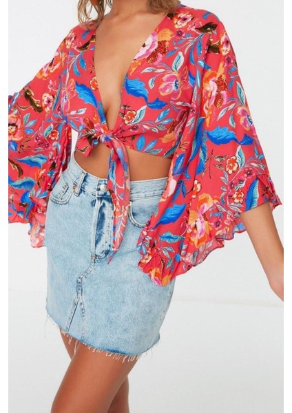 Moda V Yaka Dokuma Fit Düz Desen Plaj Crop Truvakar Kol Kol Bluz modelleri