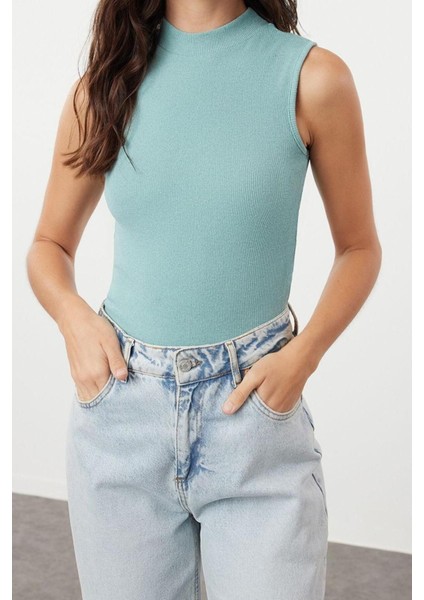 Moda Dik Yaka Örme Slim Düz Desen Casual Günlük Regular Kolsuz Bluz