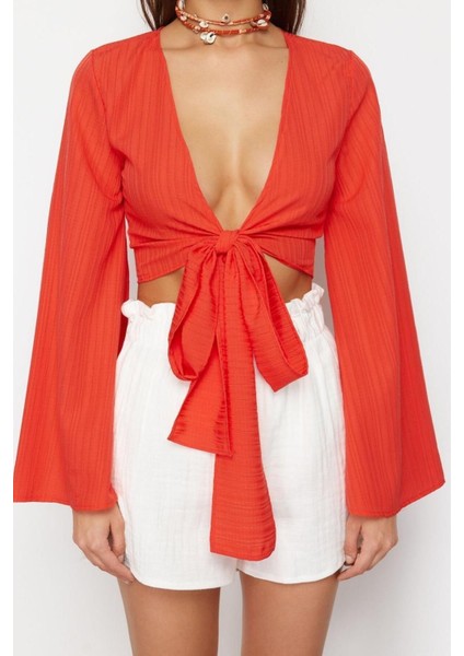 Moda V Yaka Dokuma Relaxed Düz Desen Plaj Crop Uzun Kol Bluz