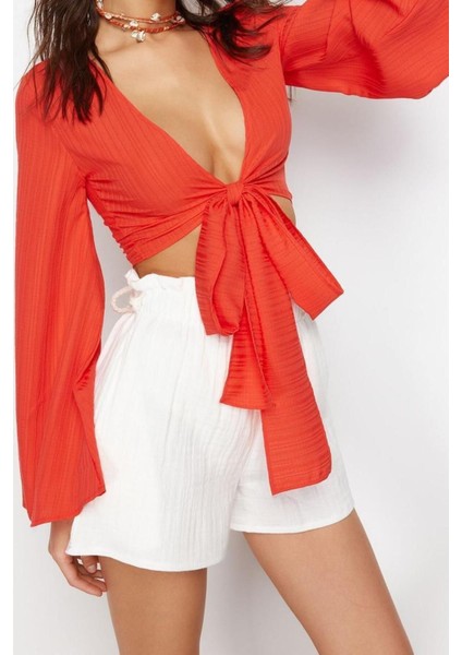 Moda V Yaka Dokuma Relaxed Düz Desen Plaj Crop Uzun Kol Bluz fiyatları