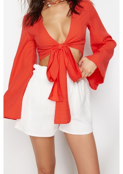 Moda V Yaka Dokuma Relaxed Düz Desen Plaj Crop Uzun Kol Bluz modelleri