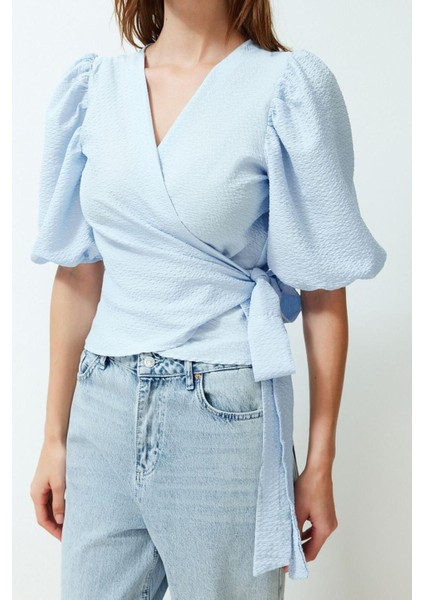 Moda V Yaka Dokuma Regular Düz Desen Casual Günlük Regular Kısa Kol Bluz