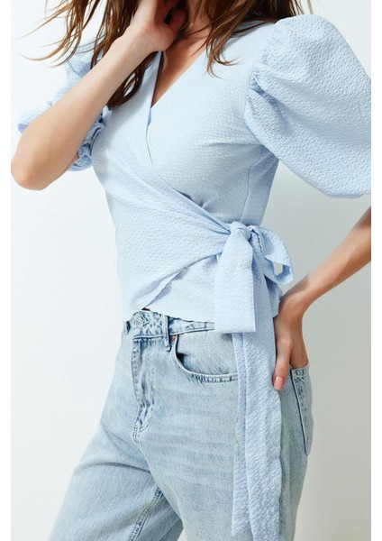 Moda V Yaka Dokuma Regular Düz Desen Casual Günlük Regular Kısa Kol Bluz modelleri