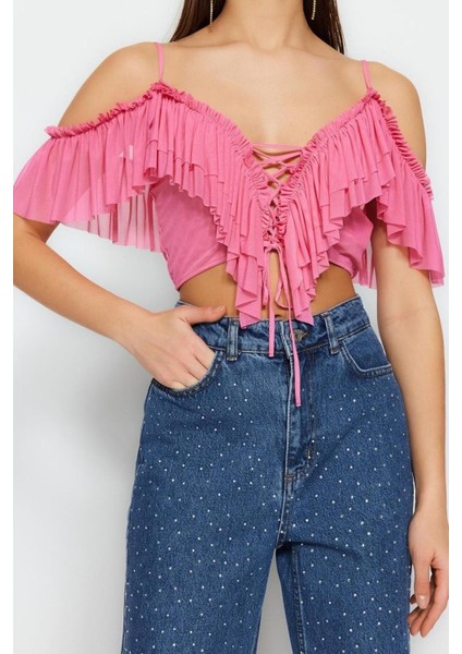 Moda V Yaka Örme Regular Düz Desen Şık Gece Crop Kısa Kol Bluz