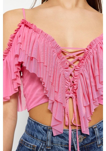 Moda V Yaka Örme Regular Düz Desen Şık Gece Crop Kısa Kol Bluz indirimleri